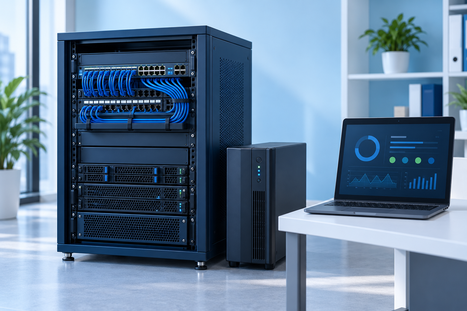 Server rack, network switch, backup power and laptop