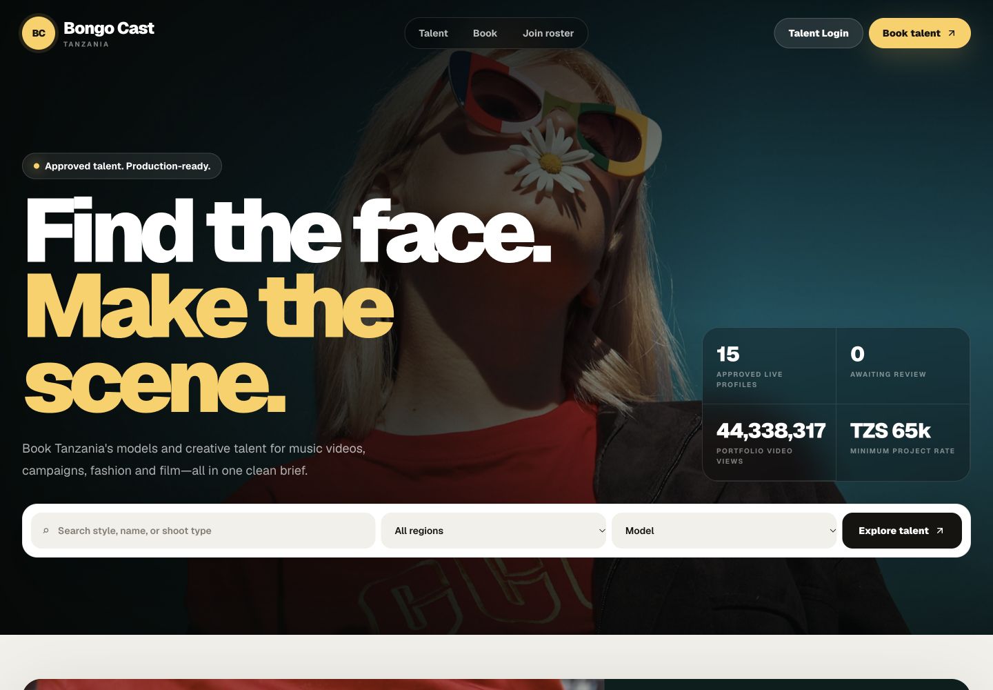 Actual Bongo Cast talent discovery platform with search and regional filters