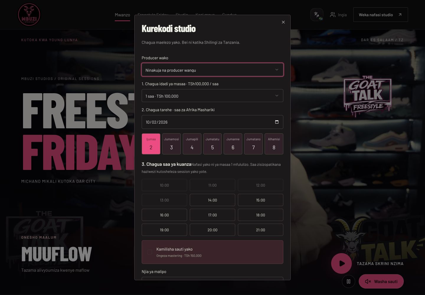 Actual Mbuzi Studio booking interface with duration, date and time selection